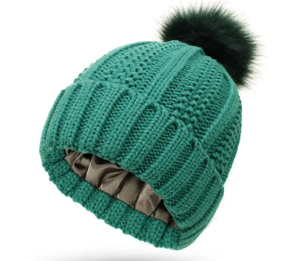 Embroidered Beanie with Puff- Satin Lined